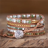 Vintage Green Stone Crystal Beads Leather Wrap Bracelet Bohemia Weaving