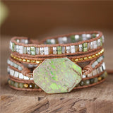 Vintage Green Stone Crystal Beads Leather Wrap Bracelet Bohemia Weaving