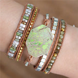 Vintage Green Stone Crystal Beads Leather Wrap Bracelet Bohemia Weaving