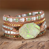 Vintage Green Stone Crystal Beads Leather Wrap Bracelet Bohemia Weaving