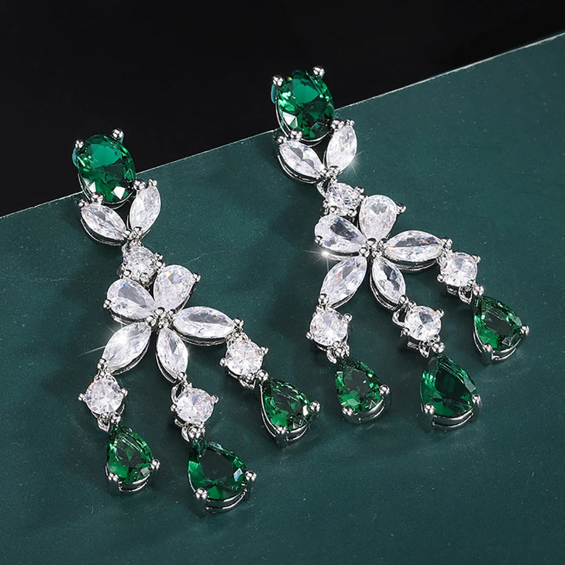 Vintage Emerald Ruby Tassel Drop Earrings Gemstone Lab Diamond
