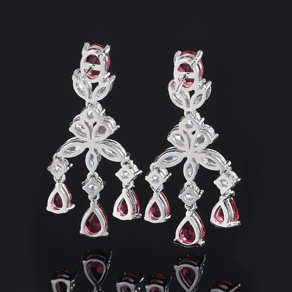 Vintage Emerald Ruby Tassel Drop Earrings Gemstone Lab Diamond