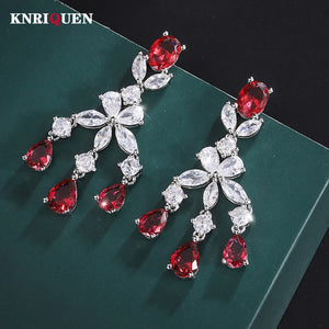 Vintage Emerald Ruby Tassel Drop Earrings Gemstone Lab Diamond