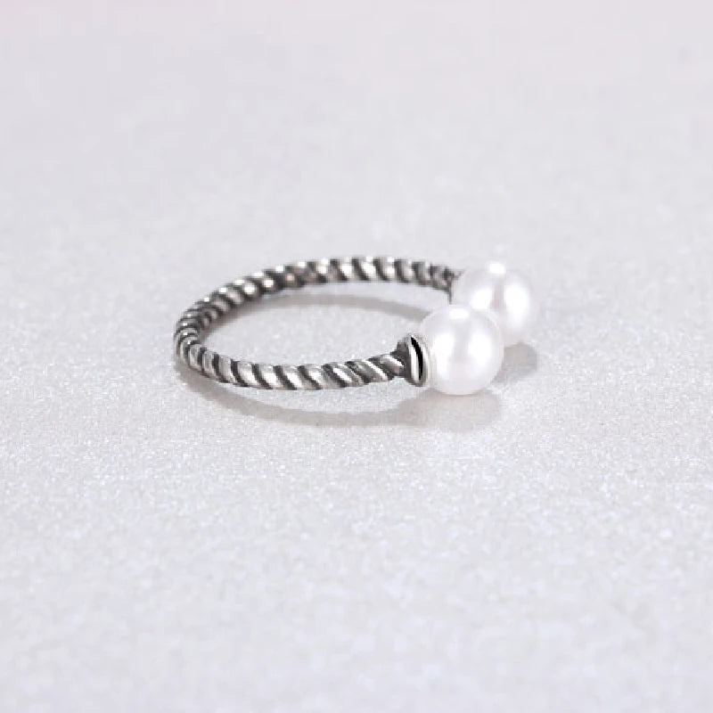 Vintage 6mm Pearl Ring for Women Silver 925 Jewelry Open Finger Rings