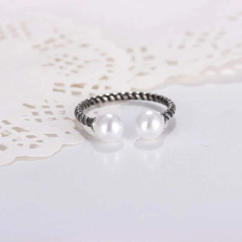 Vintage 6mm Pearl Ring for Women Silver 925 Jewelry Open Finger Rings