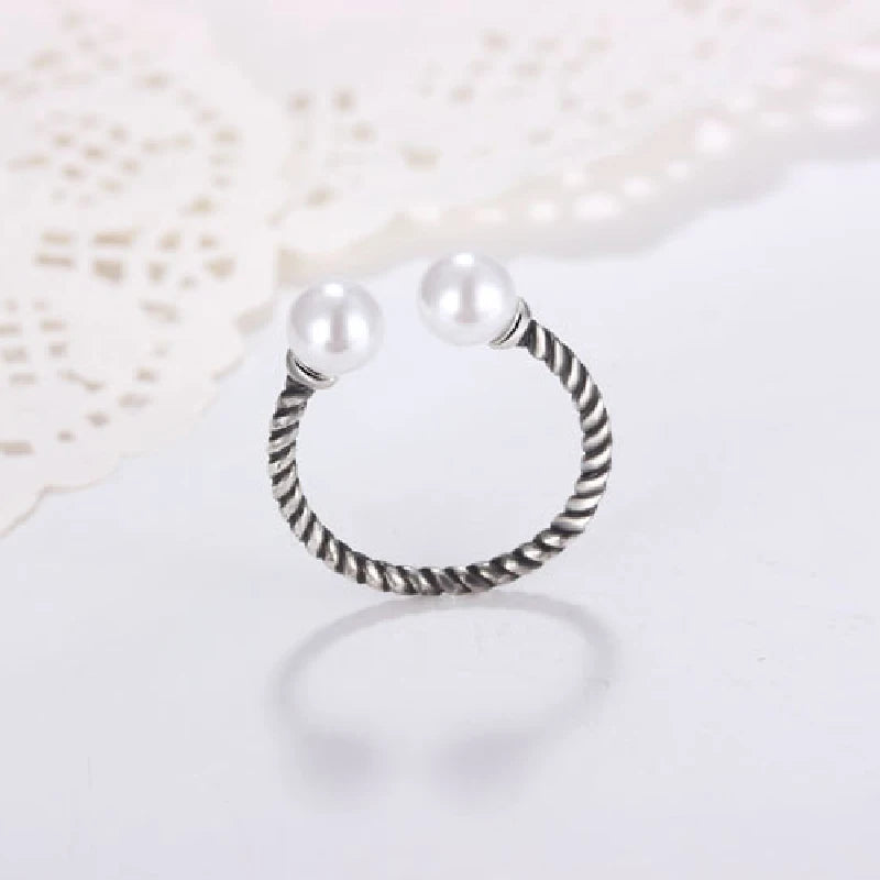 Vintage 6mm Pearl Ring for Women Silver 925 Jewelry Open Finger Rings