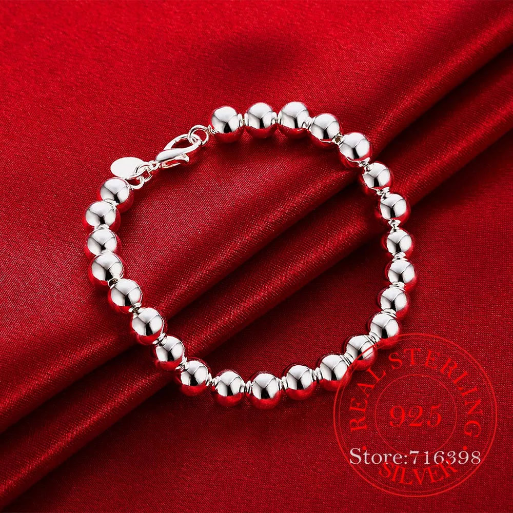 Vintage 8mm Beads Ball 925 Sterling Silver Bracelet for Women