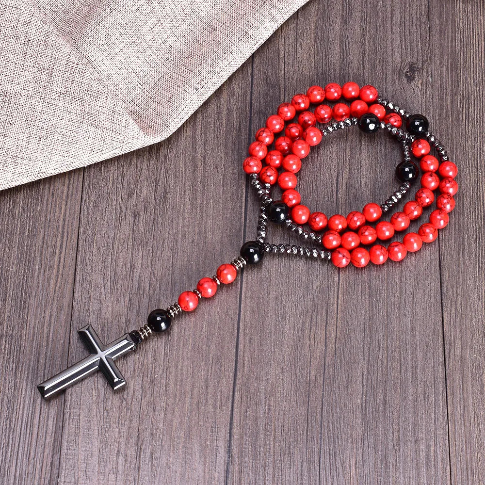 Vintage Red Pine Stone Christ Rosary Hematite Cross Pendant Necklace