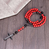 Vintage Red Pine Stone Christ Rosary Hematite Cross Pendant Necklace