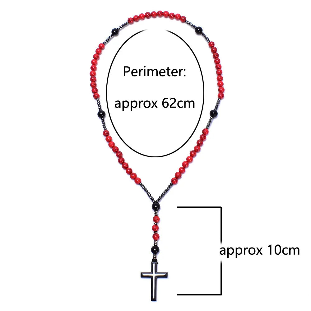 Vintage Red Pine Stone Christ Rosary Hematite Cross Pendant Necklace