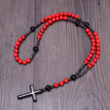 Vintage Red Pine Stone Christ Rosary Hematite Cross Pendant Necklace