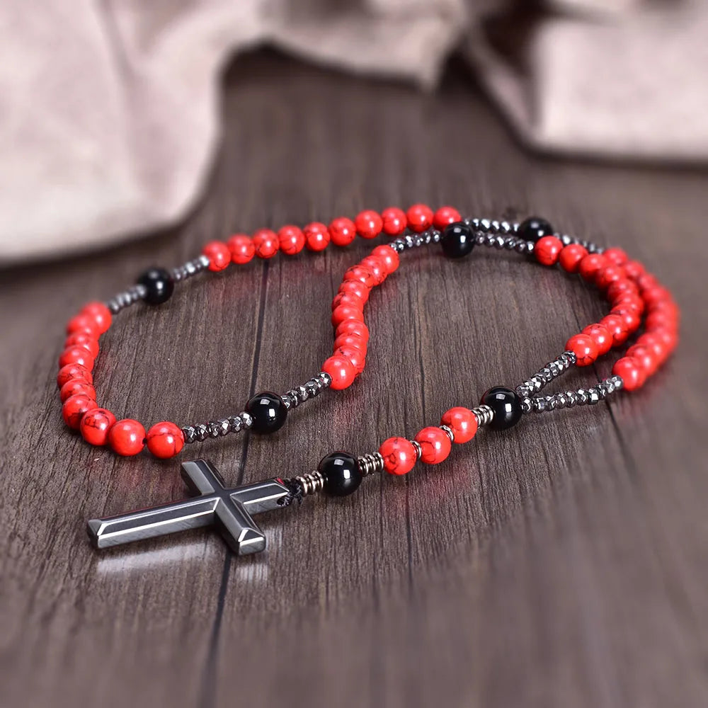 Vintage Red Pine Stone Christ Rosary Hematite Cross Pendant Necklace
