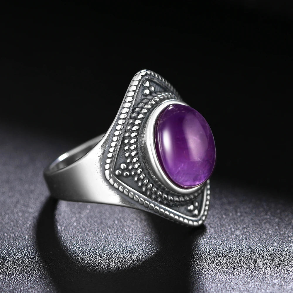 Vintage 8x10MM Oval Amethyst Ring 925 Silver Jewelry for Women