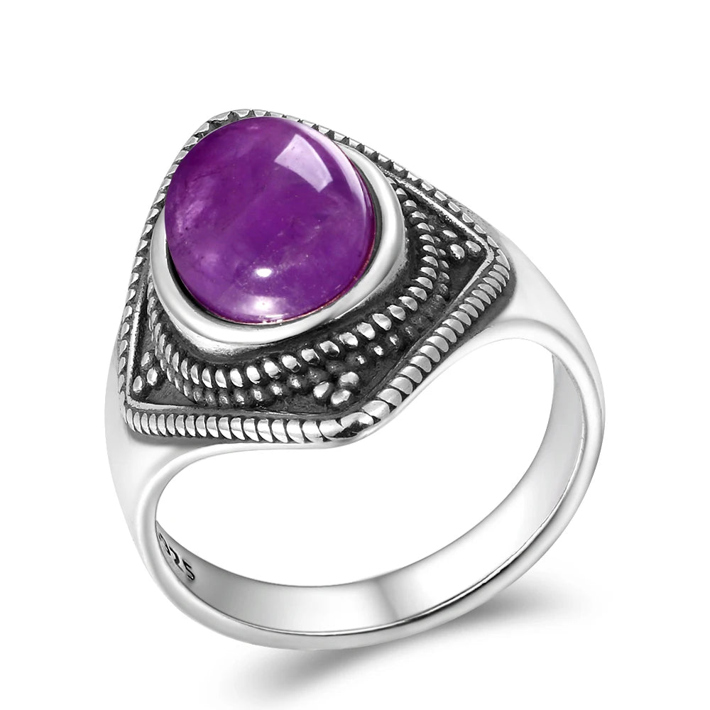 Vintage 8x10MM Oval Amethyst Ring 925 Silver Jewelry for Women