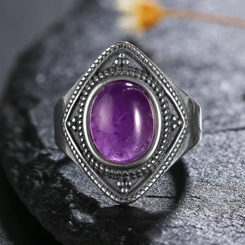 Vintage 8x10MM Oval Amethyst Ring 925 Silver Jewelry for Women