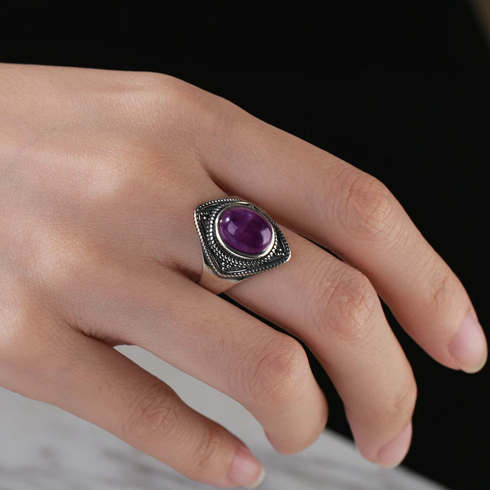 Vintage 8x10MM Oval Amethyst Ring 925 Silver Jewelry for Women