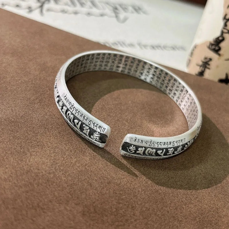 925 Silver Carved Prajnaparamita Heart Sutra Lotus Bracelet