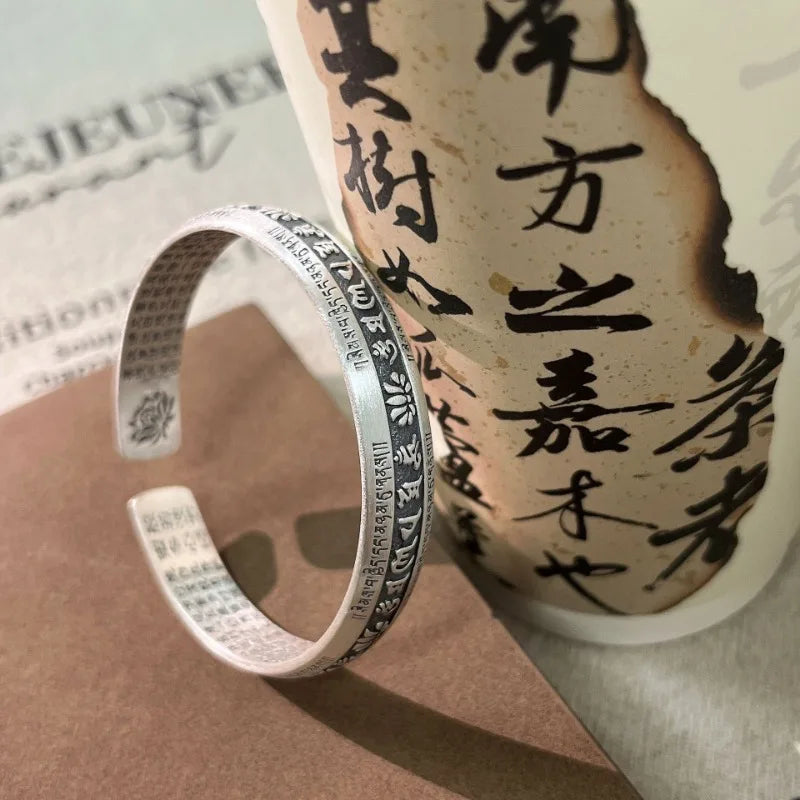 925 Silver Carved Prajnaparamita Heart Sutra Lotus Bracelet