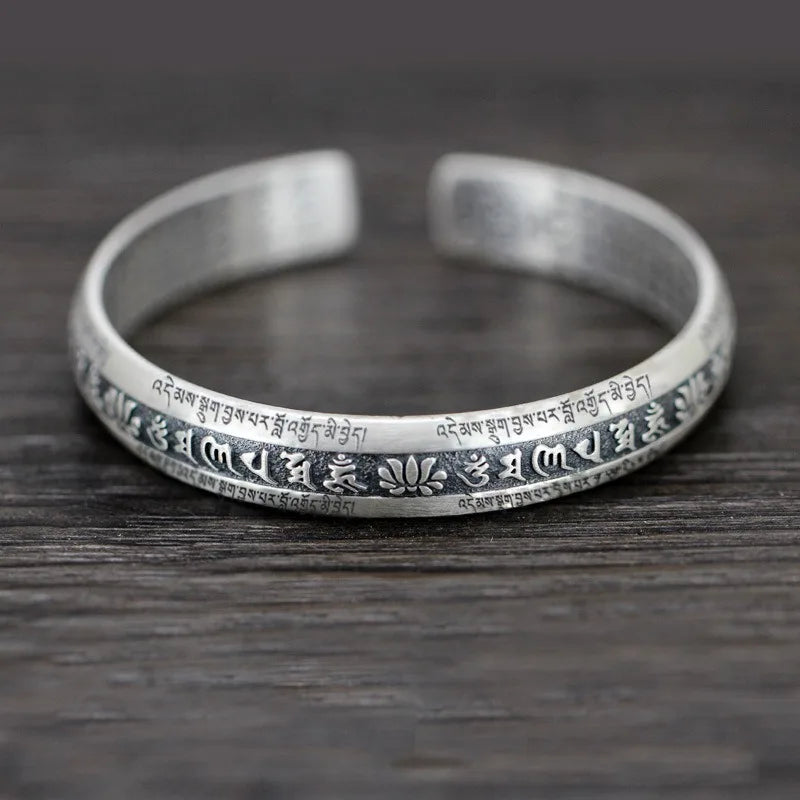 925 Silver Carved Prajnaparamita Heart Sutra Lotus Bracelet