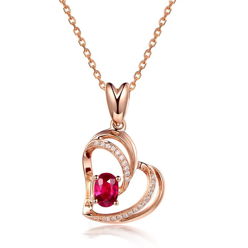 925 Silver Necklace with Ruby Zircon Heart Pendant for Women