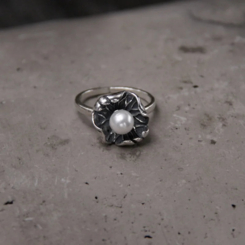 Vintage 925 Silver Ring Adjustable Pearl Lotus Leaf Shape