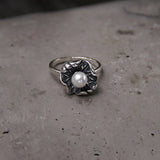 Vintage 925 Silver Ring Adjustable Pearl Lotus Leaf Shape
