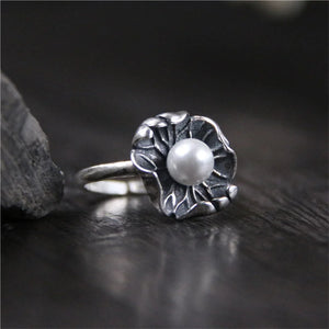 Vintage 925 Silver Ring Adjustable Pearl Lotus Leaf Shape