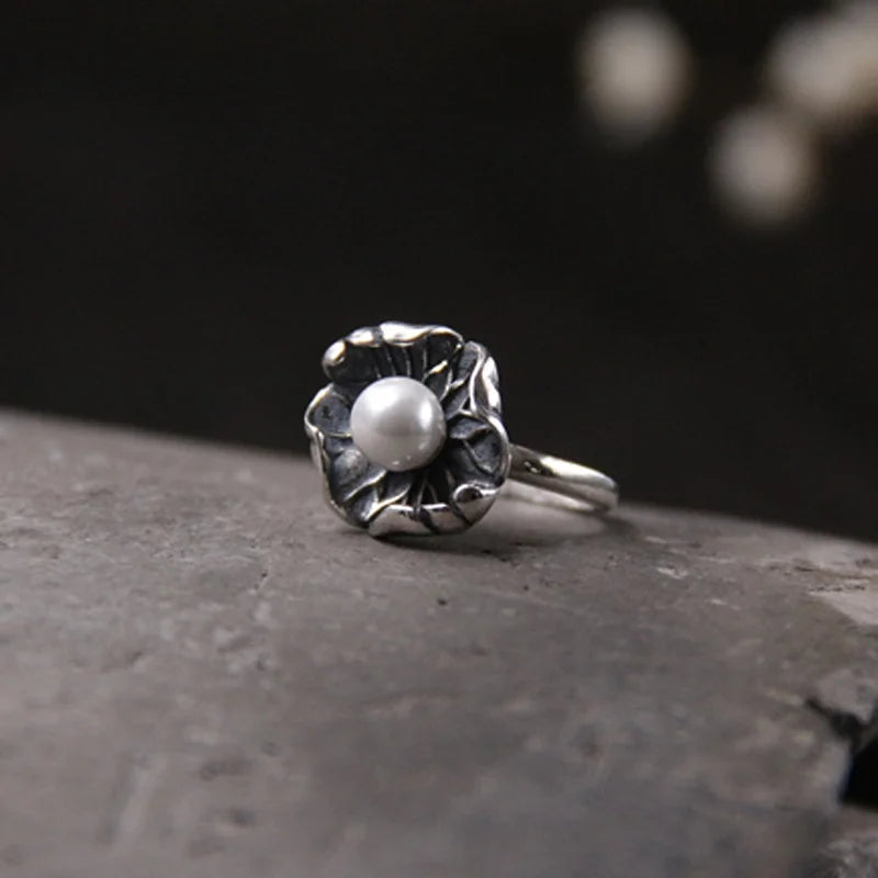 Vintage 925 Silver Ring Adjustable Pearl Lotus Leaf Shape
