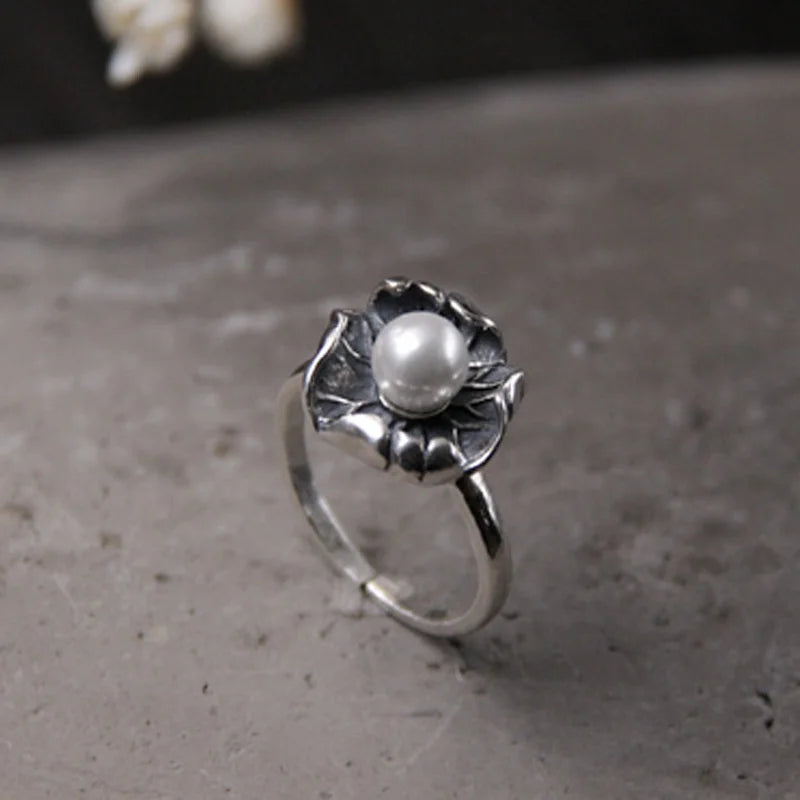 Vintage 925 Silver Ring Adjustable Pearl Lotus Leaf Shape
