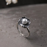 Vintage 925 Silver Ring Adjustable Pearl Lotus Leaf Shape