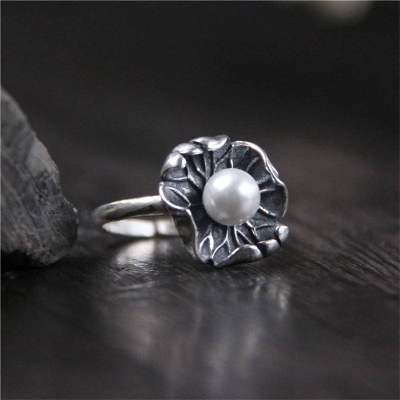 Vintage 925 Silver Ring Adjustable Pearl Lotus Leaf Shape