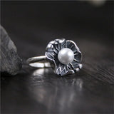 Vintage 925 Silver Ring Adjustable Pearl Lotus Leaf Shape