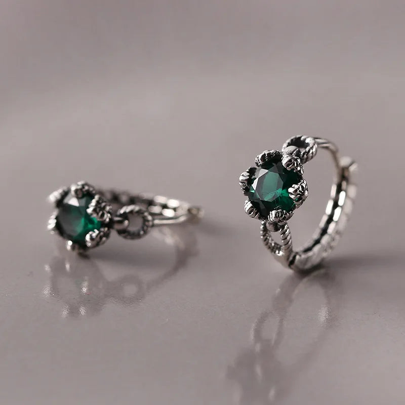 Vintage 925 Silver Sterling Green Zircon Chain Earrings For Women