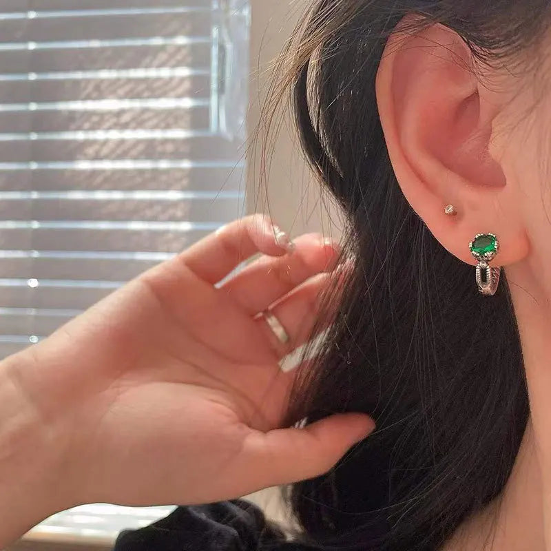 Vintage 925 Silver Sterling Green Zircon Chain Earrings For Women