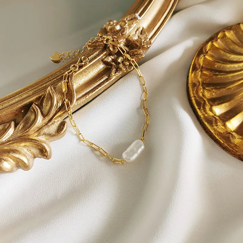 925 Silver Bracelet Baroque Pearl Chain Women Jewelry Gift
