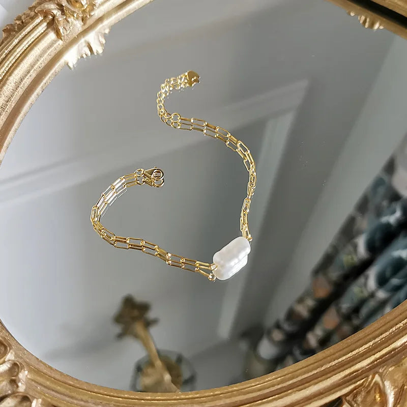 925 Silver Bracelet Baroque Pearl Chain Women Jewelry Gift