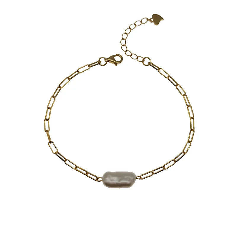 925 Silver Bracelet Baroque Pearl Chain Women Jewelry Gift