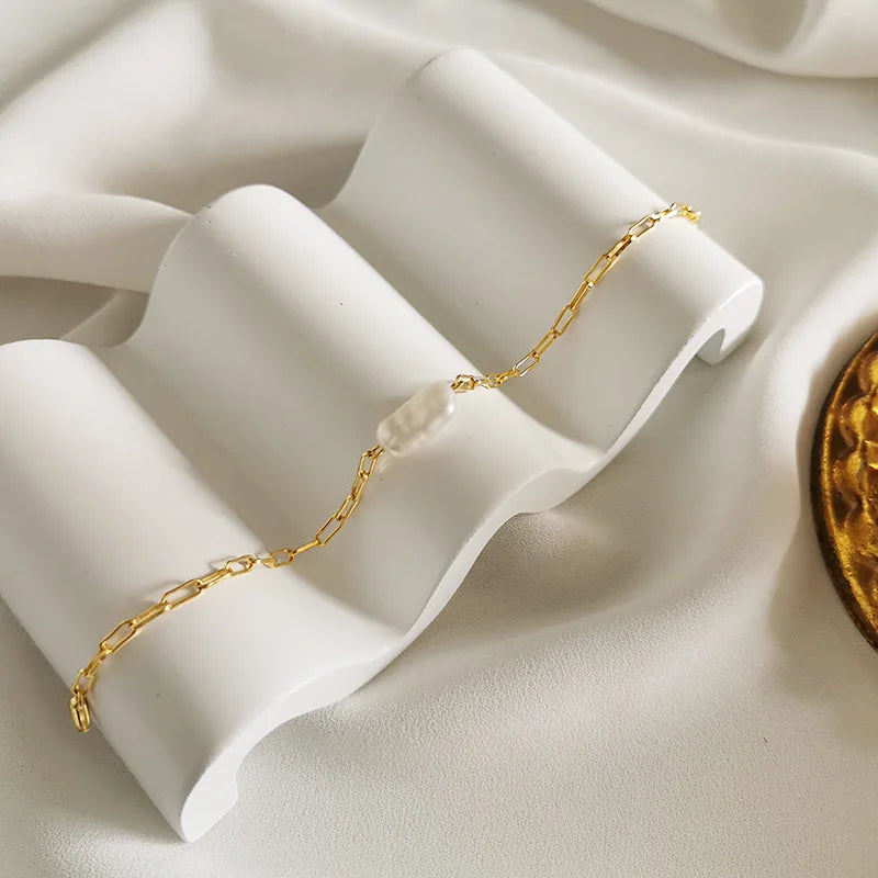 925 Silver Bracelet Baroque Pearl Chain Women Jewelry Gift