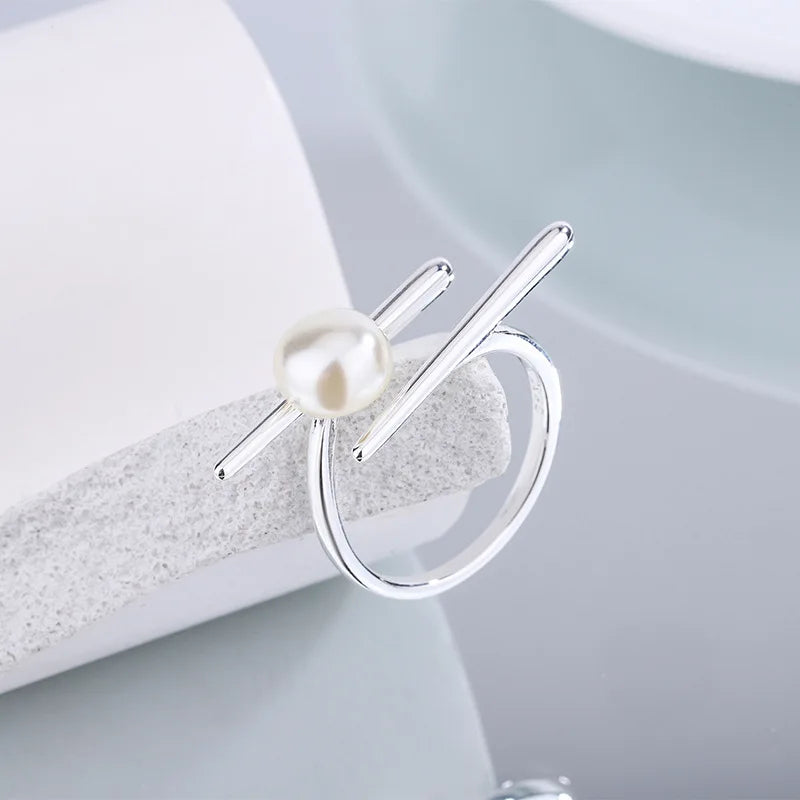 925 Silver Chopsticks Pearl Finger Ring Open Silver Rings Wedding Gift