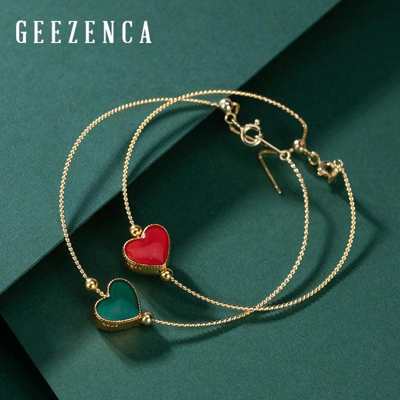 Vintage 925 Silver Cloisonne Heart Bracelet Charm Bangles Fine Jewelry Women