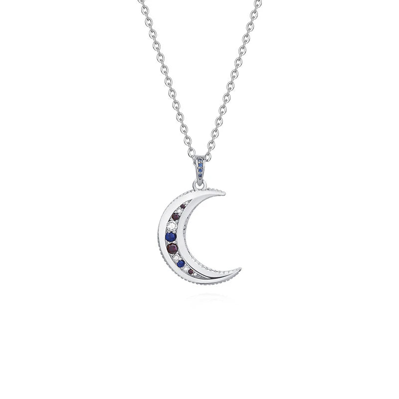925 Silver Moon Pendant Necklace Colorful Zircon Women Jewelry
