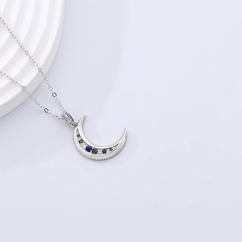 925 Silver Moon Pendant Necklace Colorful Zircon Women Jewelry