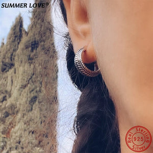 925 Sterling Silver EIR Retro Hoop Earrings Small Size Brincos Fine Jewelry