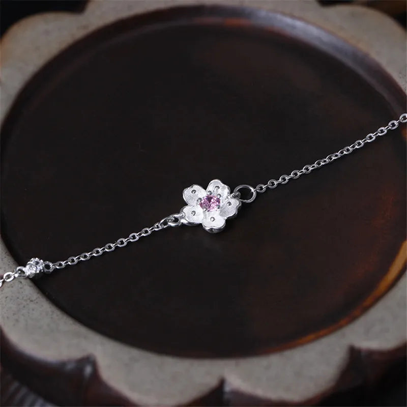 925 Sterling Silver Chain Bracelet for Women Adjustable Sakura Bracelets
