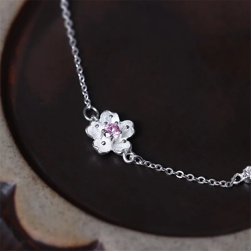 925 Sterling Silver Chain Bracelet for Women Adjustable Sakura Bracelets