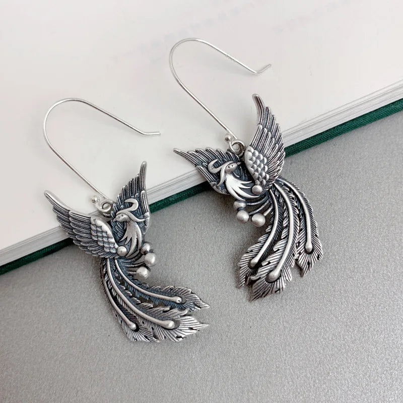 Vintage 925 Silver Phoenix Drop Earrings Ethnic Statement Jewelry EH190