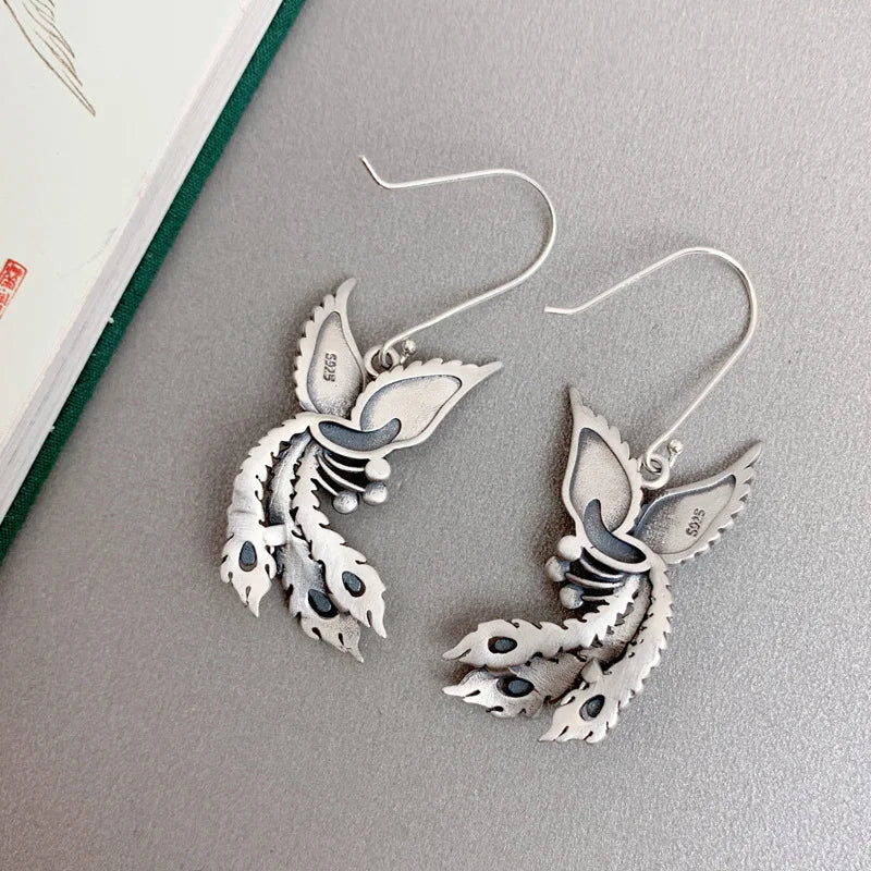 Vintage 925 Silver Phoenix Drop Earrings Ethnic Statement Jewelry EH190