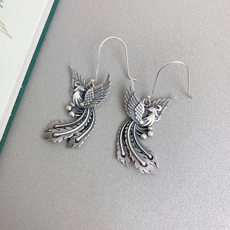 Vintage 925 Silver Phoenix Drop Earrings Ethnic Statement Jewelry EH190