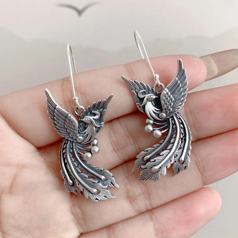 Vintage 925 Silver Phoenix Drop Earrings Ethnic Statement Jewelry EH190
