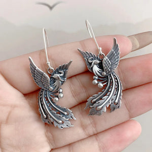 Vintage 925 Silver Phoenix Drop Earrings Ethnic Statement Jewelry EH190